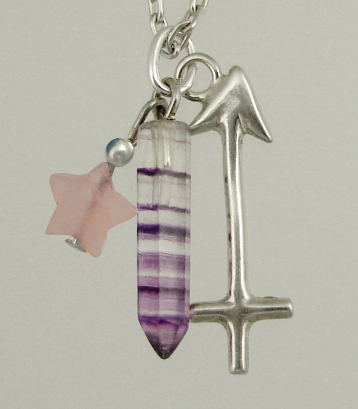 Sterling Silver Sagittarius Pendant Necklace With an Fluorite Crystal And a Rose Quartz Star